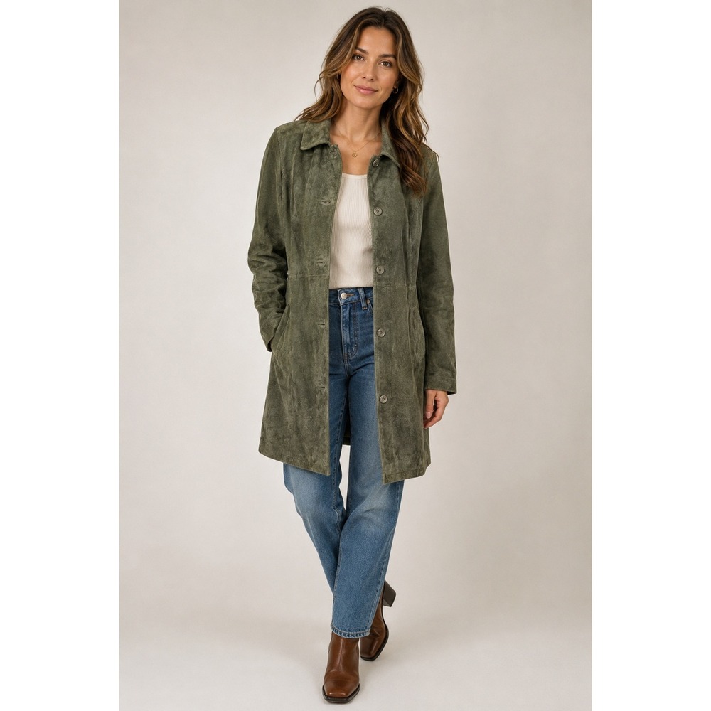 Centigrade Suede Womens Vintage Suede Leather Car Coat Sze Large Olive Green 90s